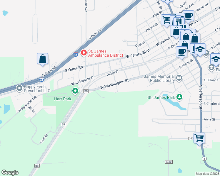 map of restaurants, bars, coffee shops, grocery stores, and more near 809 West Washington Street in Saint James