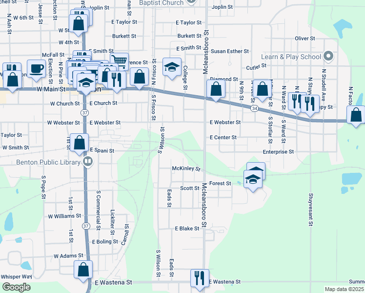 map of restaurants, bars, coffee shops, grocery stores, and more near 700 Locust Street in Benton