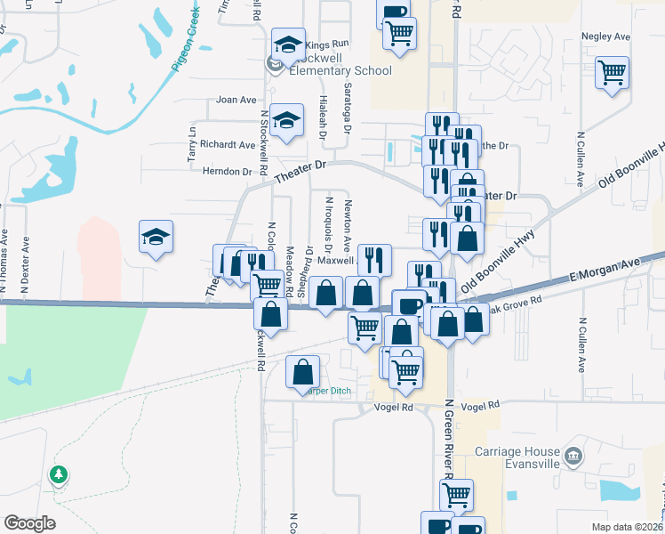 map of restaurants, bars, coffee shops, grocery stores, and more near 1808 Newton Avenue in Evansville