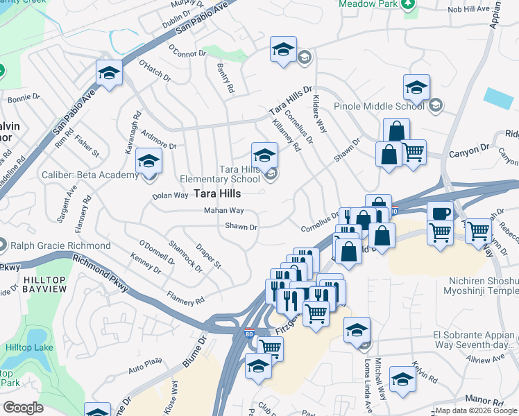 map of restaurants, bars, coffee shops, grocery stores, and more near 2300 Dolan Way in San Pablo