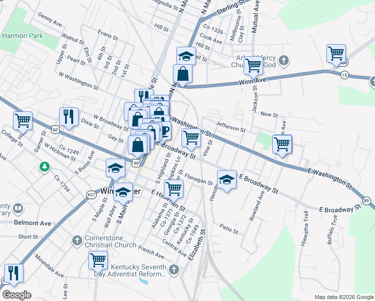 map of restaurants, bars, coffee shops, grocery stores, and more near 119 Hopkins Lane in Winchester