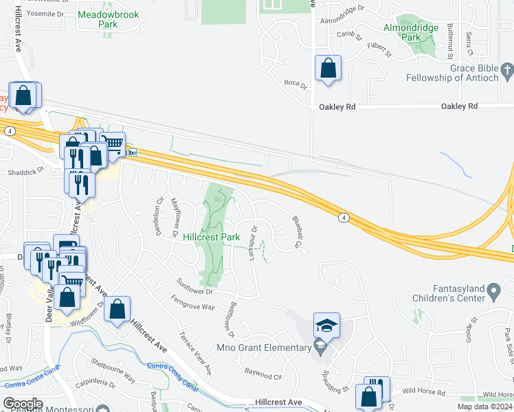 map of restaurants, bars, coffee shops, grocery stores, and more near 2700 Bluebell Circle in Antioch