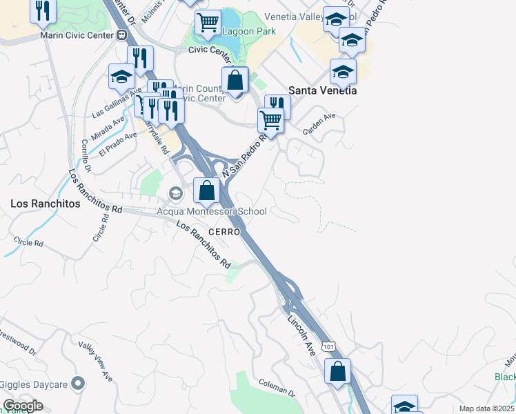 map of restaurants, bars, coffee shops, grocery stores, and more near 16 San Pablo Avenue in San Rafael