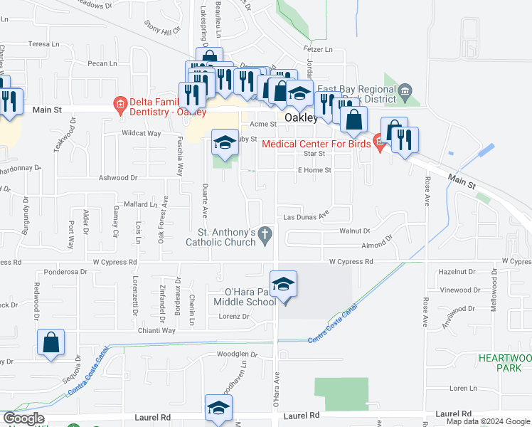 map of restaurants, bars, coffee shops, grocery stores, and more near 22 Amador Avenue in Oakley