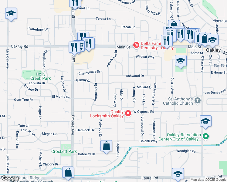 map of restaurants, bars, coffee shops, grocery stores, and more near 1560 Port Way in Oakley
