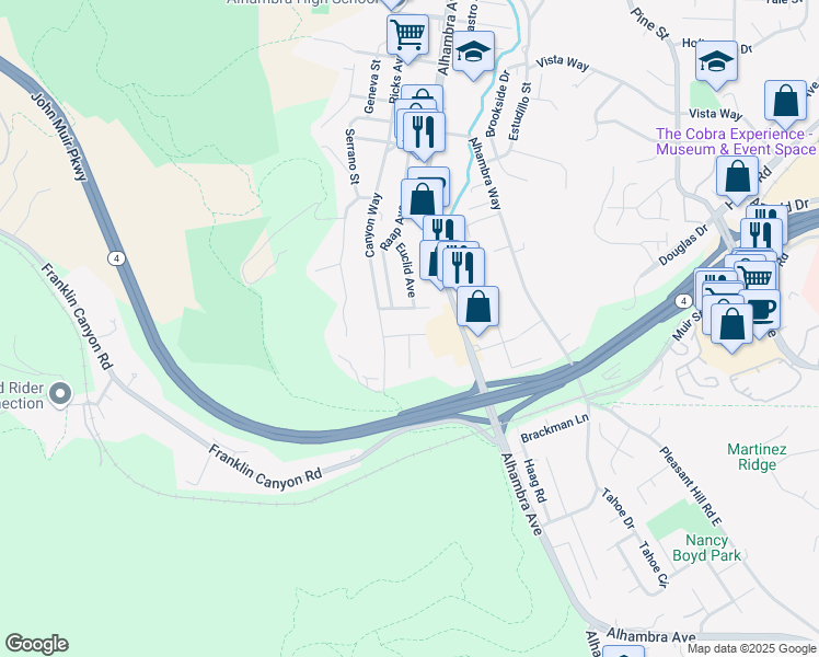 map of restaurants, bars, coffee shops, grocery stores, and more near 341 Arroyo Drive in Martinez