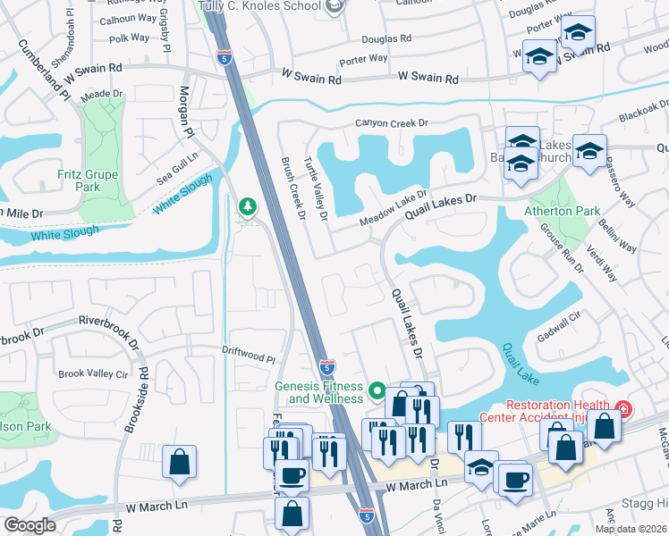 map of restaurants, bars, coffee shops, grocery stores, and more near 3591 Quail Lakes Drive in Stockton