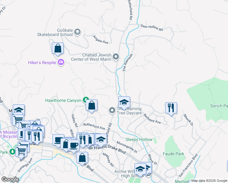 map of restaurants, bars, coffee shops, grocery stores, and more near 191 Butterfield Road in San Anselmo