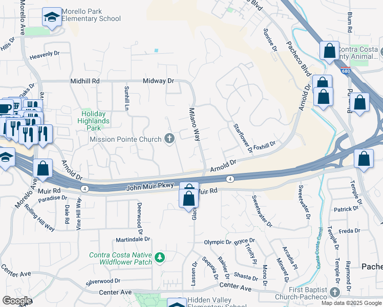 map of restaurants, bars, coffee shops, grocery stores, and more near 2012 Caudel Court in Martinez