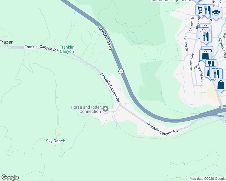 map of restaurants, bars, coffee shops, grocery stores, and more near Franklin Canyon Road in Martinez