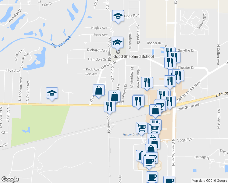 map of restaurants, bars, coffee shops, grocery stores, and more near 1713 Colony Drive in Evansville