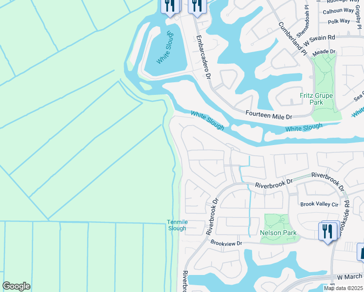 map of restaurants, bars, coffee shops, grocery stores, and more near 6042 Riverbank Circle in Stockton