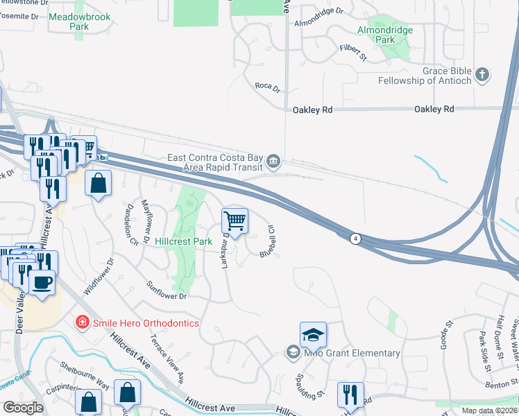 map of restaurants, bars, coffee shops, grocery stores, and more near 2721 Bluebell Circle in Antioch