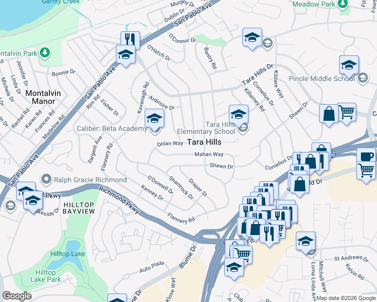map of restaurants, bars, coffee shops, grocery stores, and more near 2745 Kevin Road in San Pablo