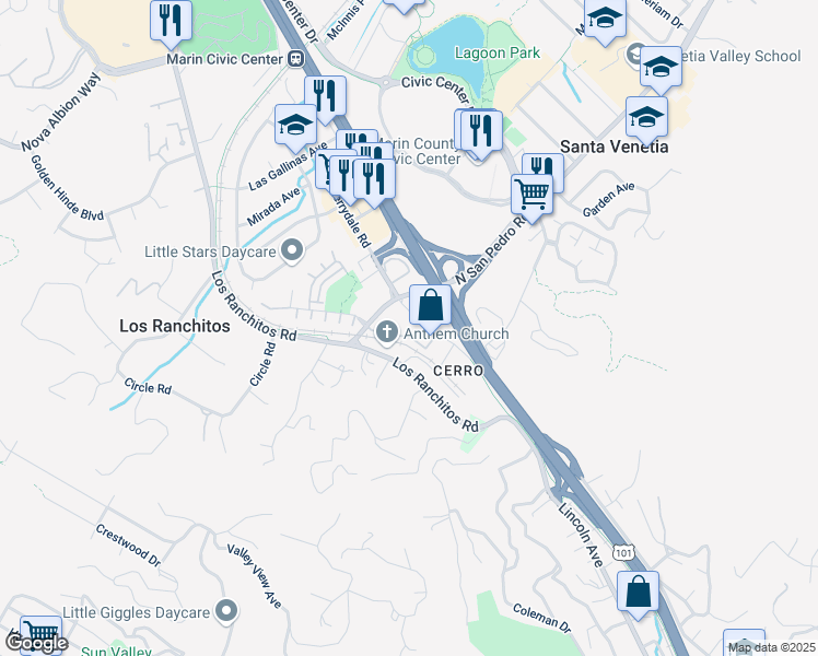 map of restaurants, bars, coffee shops, grocery stores, and more near 73 Merrydale Road in San Rafael
