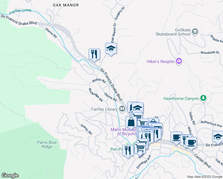 map of restaurants, bars, coffee shops, grocery stores, and more near 2 Marin Road in Fairfax