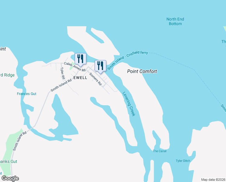 map of restaurants, bars, coffee shops, grocery stores, and more near 20985 Caleb Jones Road in Smith Island