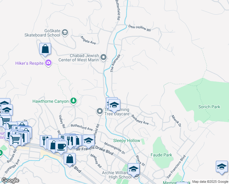map of restaurants, bars, coffee shops, grocery stores, and more near 186 The Alameda in San Anselmo