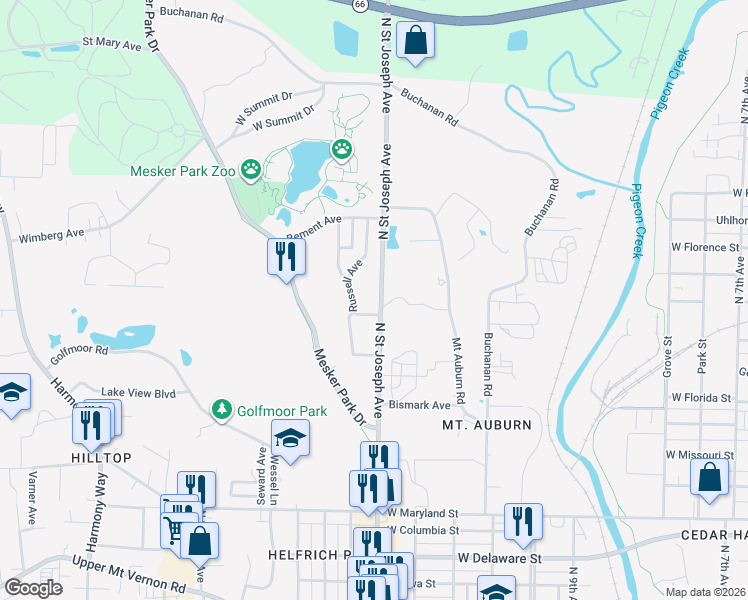 map of restaurants, bars, coffee shops, grocery stores, and more near 1625-1827 Saint Joseph Avenue in Evansville