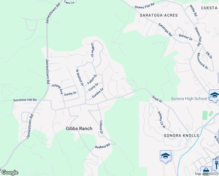 map of restaurants, bars, coffee shops, grocery stores, and more near 20407 Bay Meadows Drive in Sonora