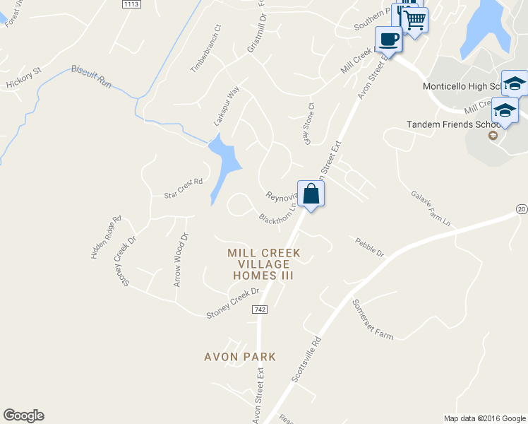 map of restaurants, bars, coffee shops, grocery stores, and more near 174 Blackthorn Lane in Charlottesville