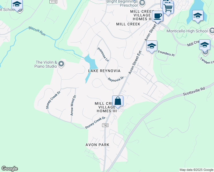 map of restaurants, bars, coffee shops, grocery stores, and more near 174 Blackthorn Lane in Charlottesville