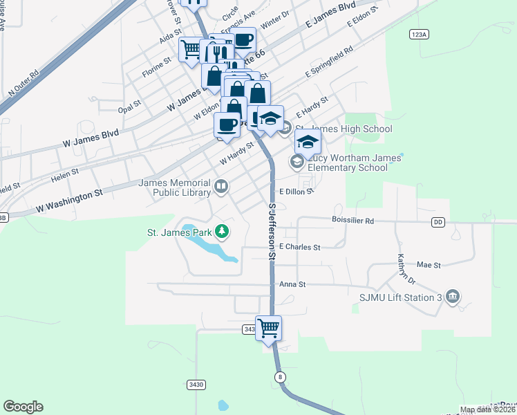 map of restaurants, bars, coffee shops, grocery stores, and more near 405 South Meramec Street in Saint James