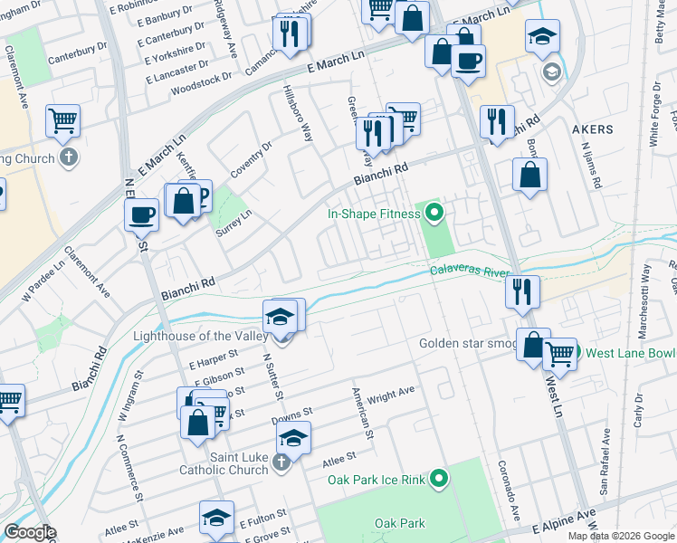 map of restaurants, bars, coffee shops, grocery stores, and more near 428 Caribrook Way in Stockton
