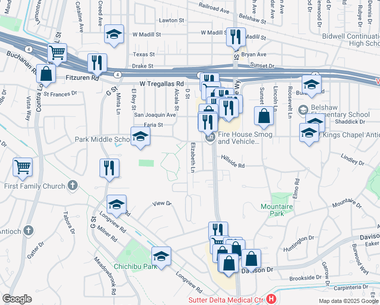 map of restaurants, bars, coffee shops, grocery stores, and more near 2916 Elizabeth Lane in Antioch