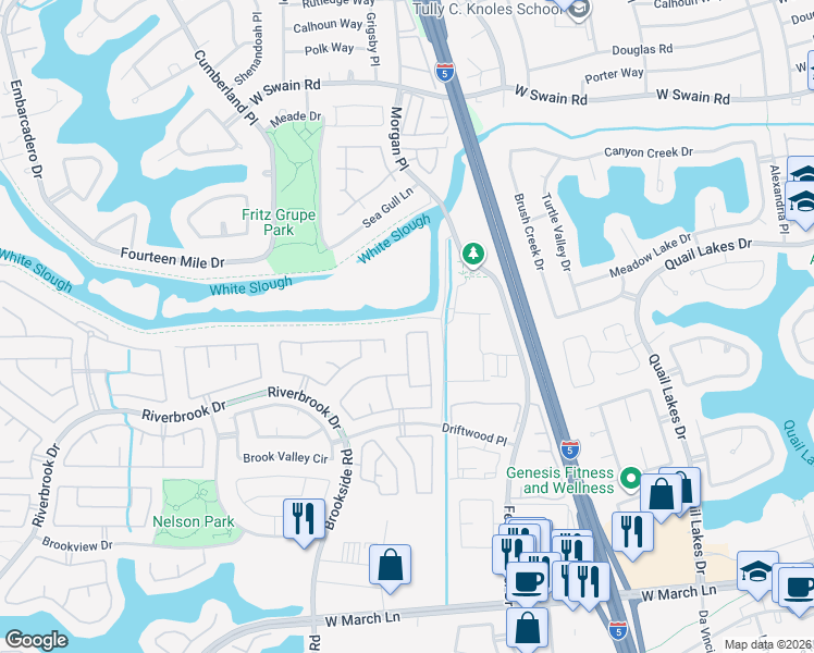 map of restaurants, bars, coffee shops, grocery stores, and more near 3157 Autumn Chase Circle in Stockton