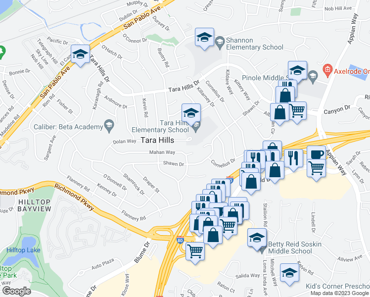 map of restaurants, bars, coffee shops, grocery stores, and more near 2361 Mahan Way in San Pablo
