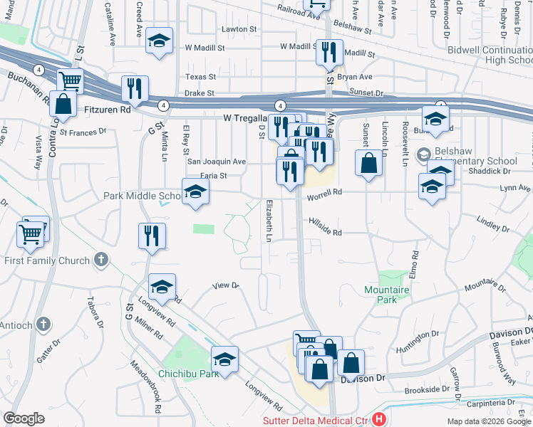 map of restaurants, bars, coffee shops, grocery stores, and more near 2916 Elizabeth Lane in Antioch