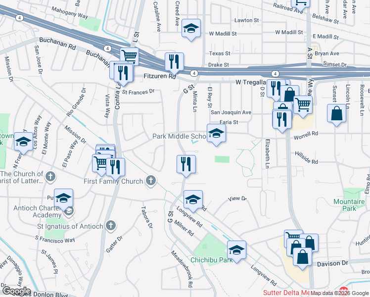 map of restaurants, bars, coffee shops, grocery stores, and more near 818 Whitehaven Court in Antioch
