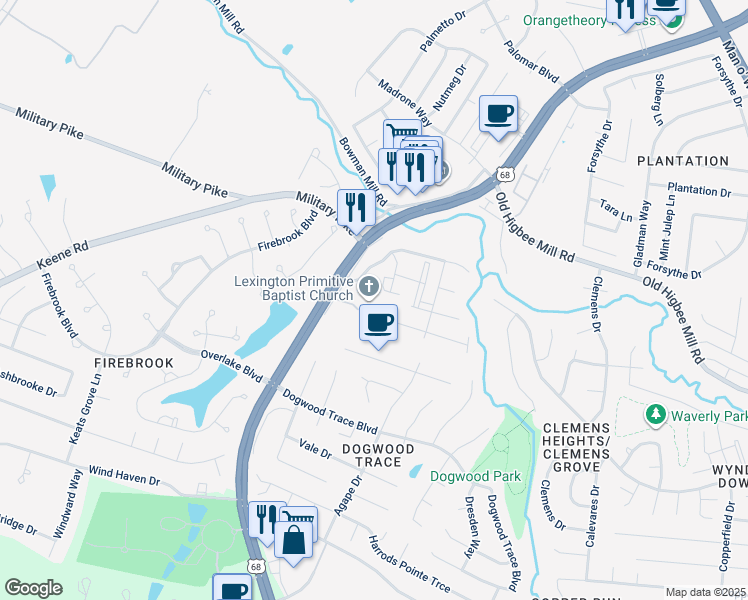 map of restaurants, bars, coffee shops, grocery stores, and more near 4574 Old Schoolhouse Lane in Lexington