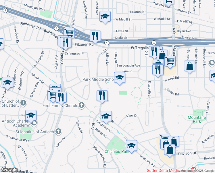 map of restaurants, bars, coffee shops, grocery stores, and more near 808 Whitehaven Court in Antioch