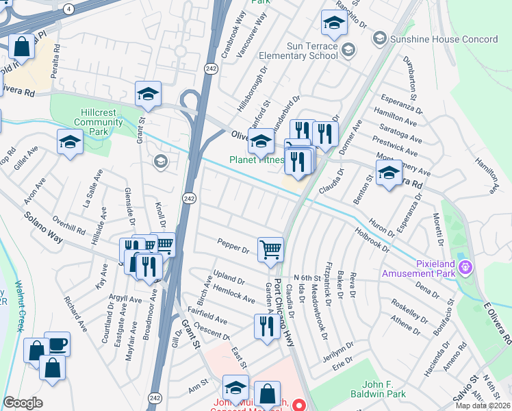 map of restaurants, bars, coffee shops, grocery stores, and more near 3031 Chrisland Court in Concord