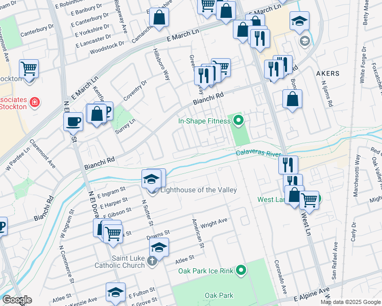 map of restaurants, bars, coffee shops, grocery stores, and more near 446 Caribrook Way in Stockton