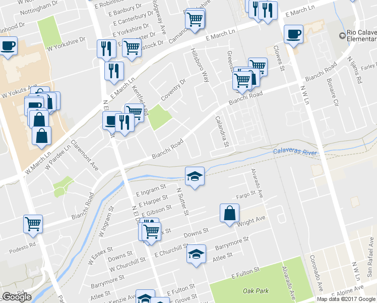 map of restaurants, bars, coffee shops, grocery stores, and more near 4459 Denby Lane in Stockton