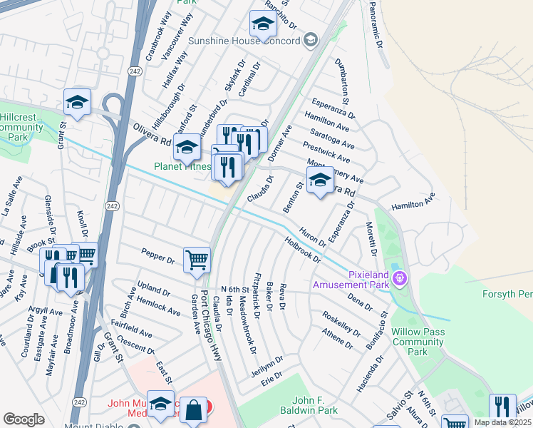 map of restaurants, bars, coffee shops, grocery stores, and more near 3330 Winthrop Street in Concord