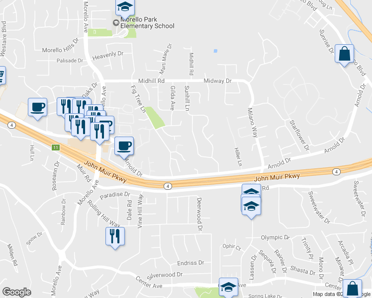 map of restaurants, bars, coffee shops, grocery stores, and more near 348 Warmcastle Court in Martinez