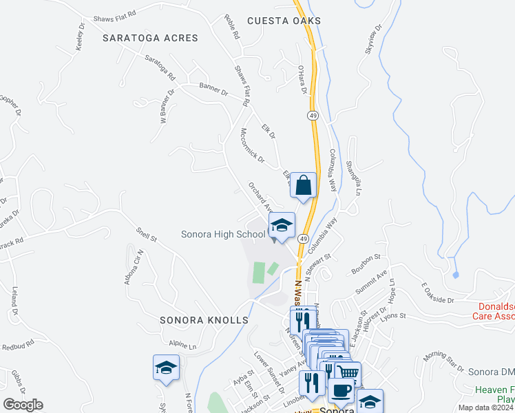 map of restaurants, bars, coffee shops, grocery stores, and more near 8 Macomber Street in Sonora