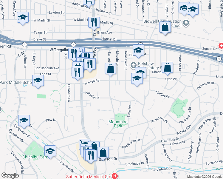 map of restaurants, bars, coffee shops, grocery stores, and more near 2933 Sunset Lane in Antioch