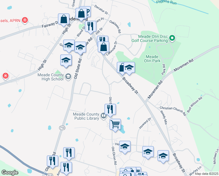 map of restaurants, bars, coffee shops, grocery stores, and more near 910 Old Ekron Road in Brandenburg