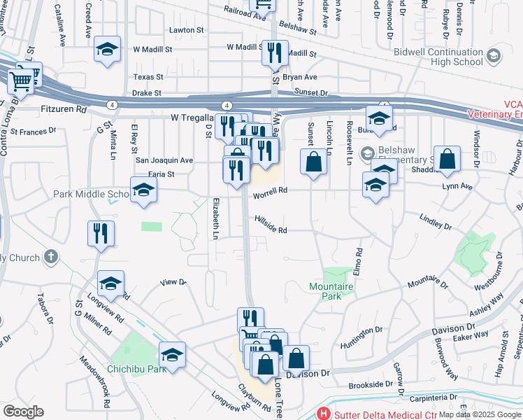 map of restaurants, bars, coffee shops, grocery stores, and more near 10 Worrell Road in Antioch