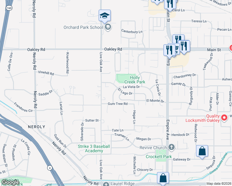 map of restaurants, bars, coffee shops, grocery stores, and more near 4636 La Vista Drive in Oakley