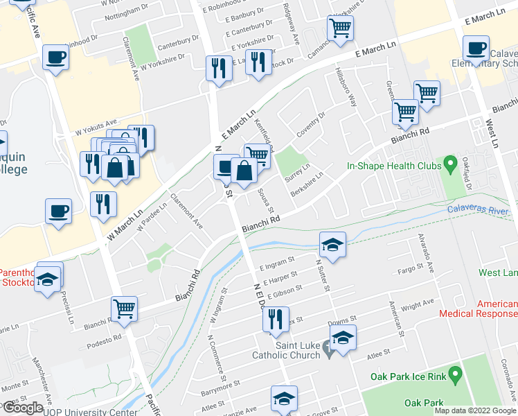 map of restaurants, bars, coffee shops, grocery stores, and more near 4550 Shelley Court in Stockton