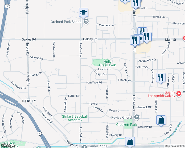 map of restaurants, bars, coffee shops, grocery stores, and more near 4636 La Vista Drive in Oakley
