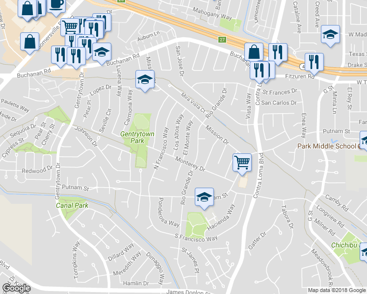 map of restaurants, bars, coffee shops, grocery stores, and more near 2952 El Monte Way in Antioch