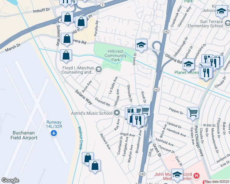 map of restaurants, bars, coffee shops, grocery stores, and more near 2859 Hillside Avenue in Concord