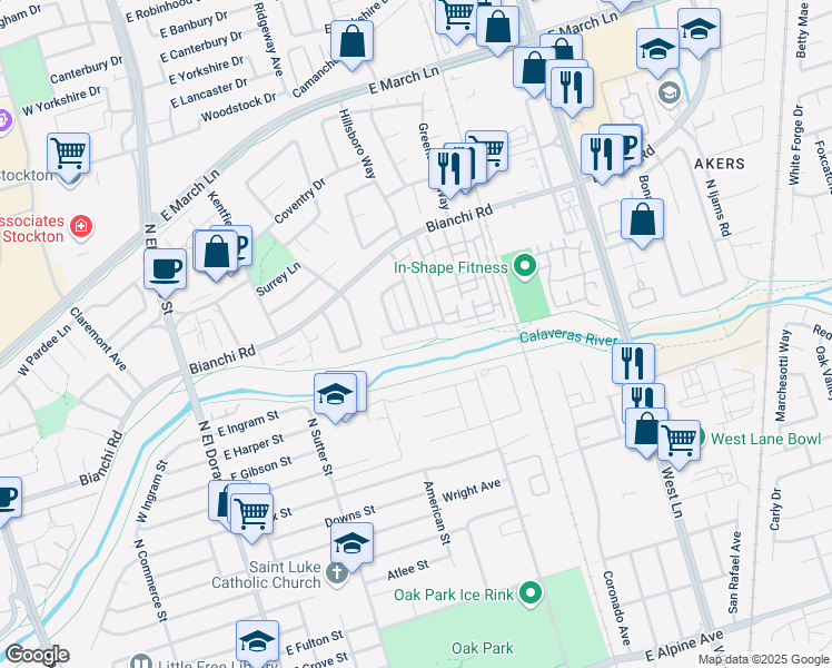 map of restaurants, bars, coffee shops, grocery stores, and more near 4401 Townehome Drive in Stockton